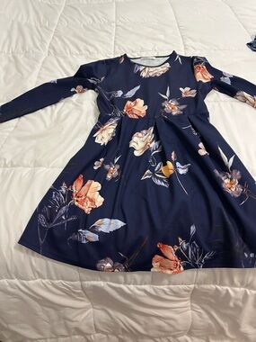 Navy Floral Long-Sleeve Fit & Flare Dress